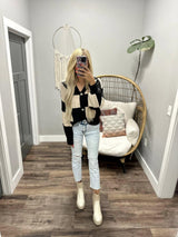 MARISSA OATMEAL AND BLACK CHECKERED CARDIGAN TOP