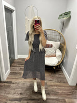 KYLIE NAVY LEAF PRINTED MIDI PLEATED DRESS