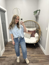 MAGGIE BABY BLUE BUTTON FRONT SOFT SHORT SLEEVE SWEATER TOP