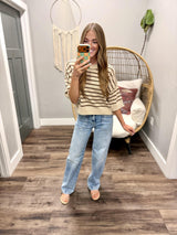 TONI CREAM AND BROWN SHORT SLEEVE SWEATER TOP