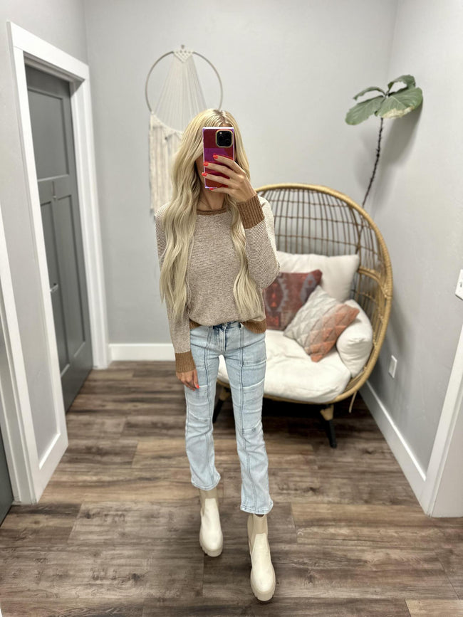 KENZIE CAMEL TEXTURE STRIPE SWEATER TOP