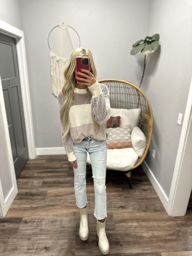 MILLIE CREAM AND BURGUNDY COLORBLOCK STRIPE SWEATER TOP