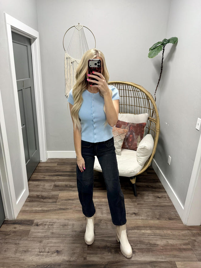 JUDY POWDER BLUE SHORT SLEEVE HENLEY TOP