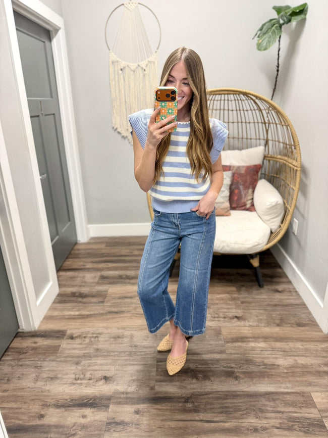 SASHA CHAMBRAY BLUE RUFFLE KNIT STRIPE SWEATER TOP