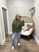 TARA OLIVE VELOUR PUFFER COAT
