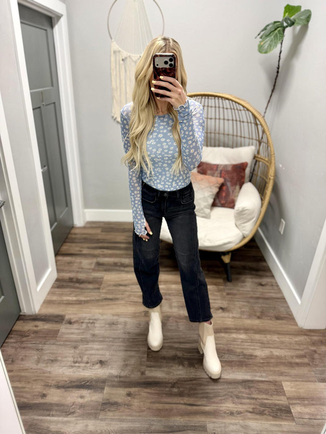 EMMA BLUE DAISY MESH LONG SLEEVE TOP