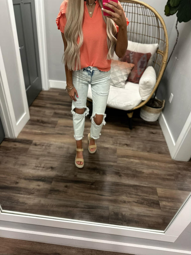 LONG LOST LOVE CORAL RUFFLE SLEEVE BLOUSE