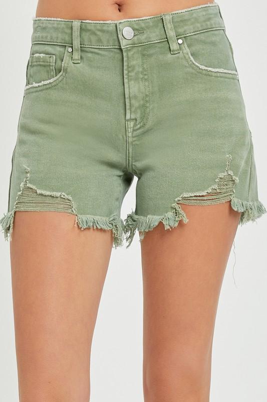 KENNEDY MID RISE OLIVE DENIM SHORTS