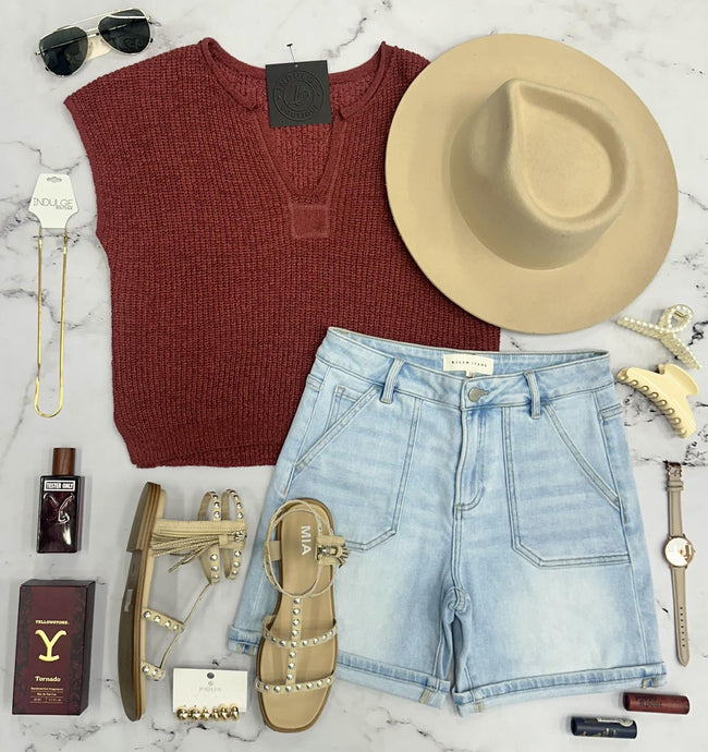 TERESA WINE SHORT SLEEVE KNIT SWEATER TOP