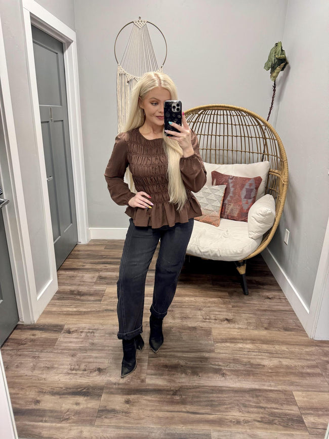 KAYDEE BROWN SMOCKED BLOUSE TOP