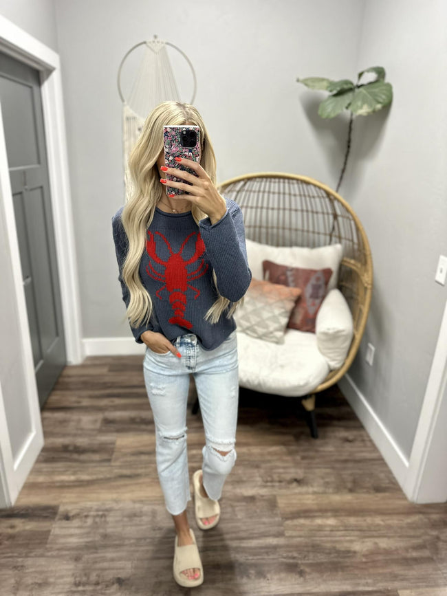 NAVY AND RED LOBSTER KNIT SWEATER TOP