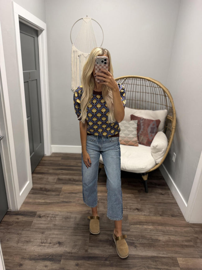 BRADY BLUE AND BROWN FLORAL PATTERN SWEATER TOP