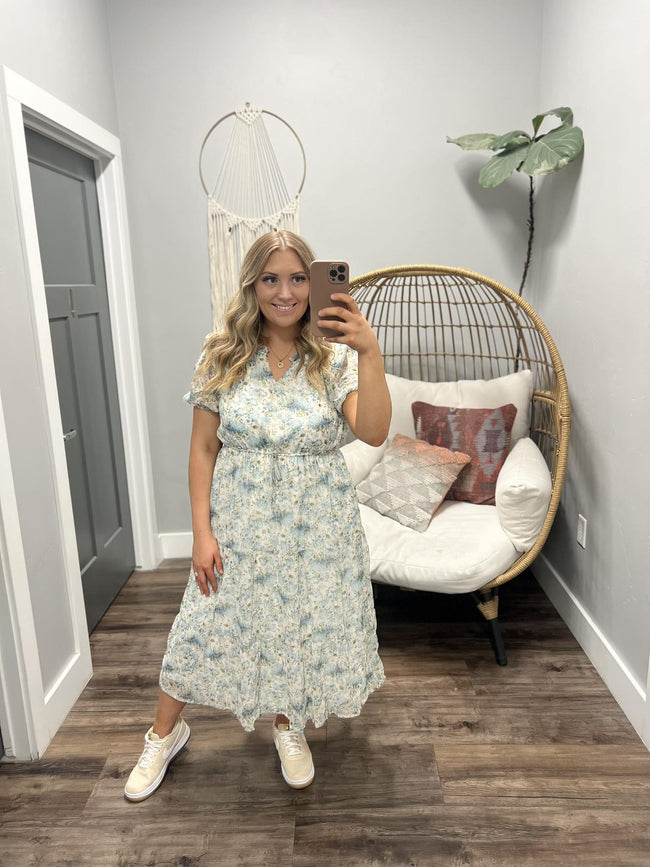 HILLARY BLUE AND GREEN FLORAL MIX MIDI DRESS