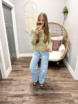 JENNIE LIGHT OLIVE WASHED BUTTON UP HENLEY TOP