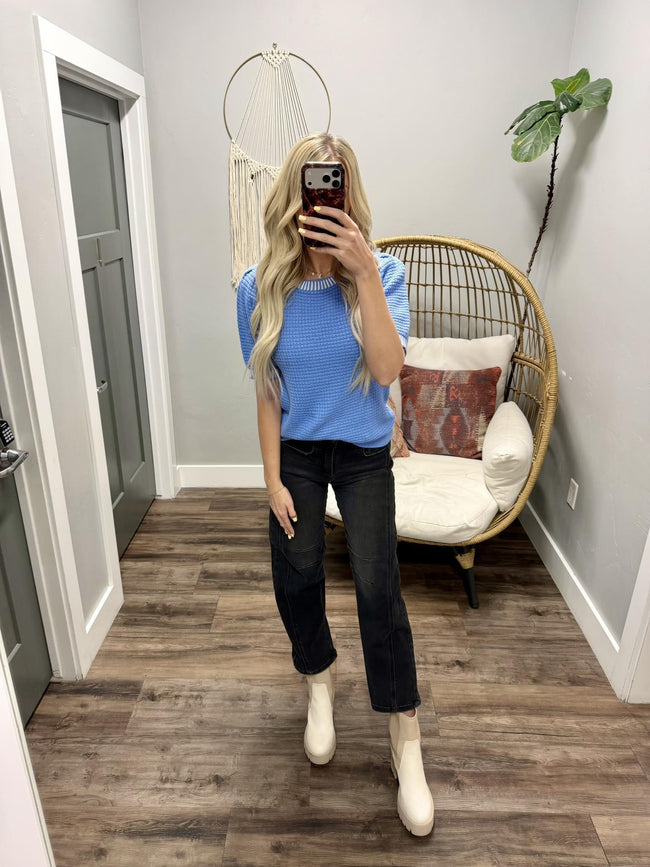 HAVEN BLUE STITCH DETAIL KNIT SHORT SLEEVE TOP