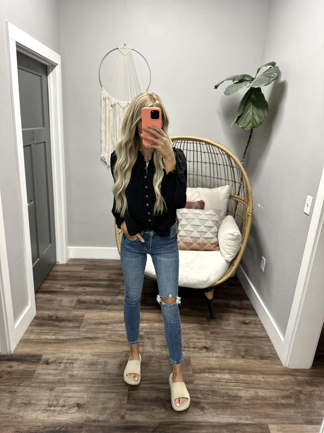 TALIA BLACK LONG SLEEVE BUTTON UP COLOR BLOUSE