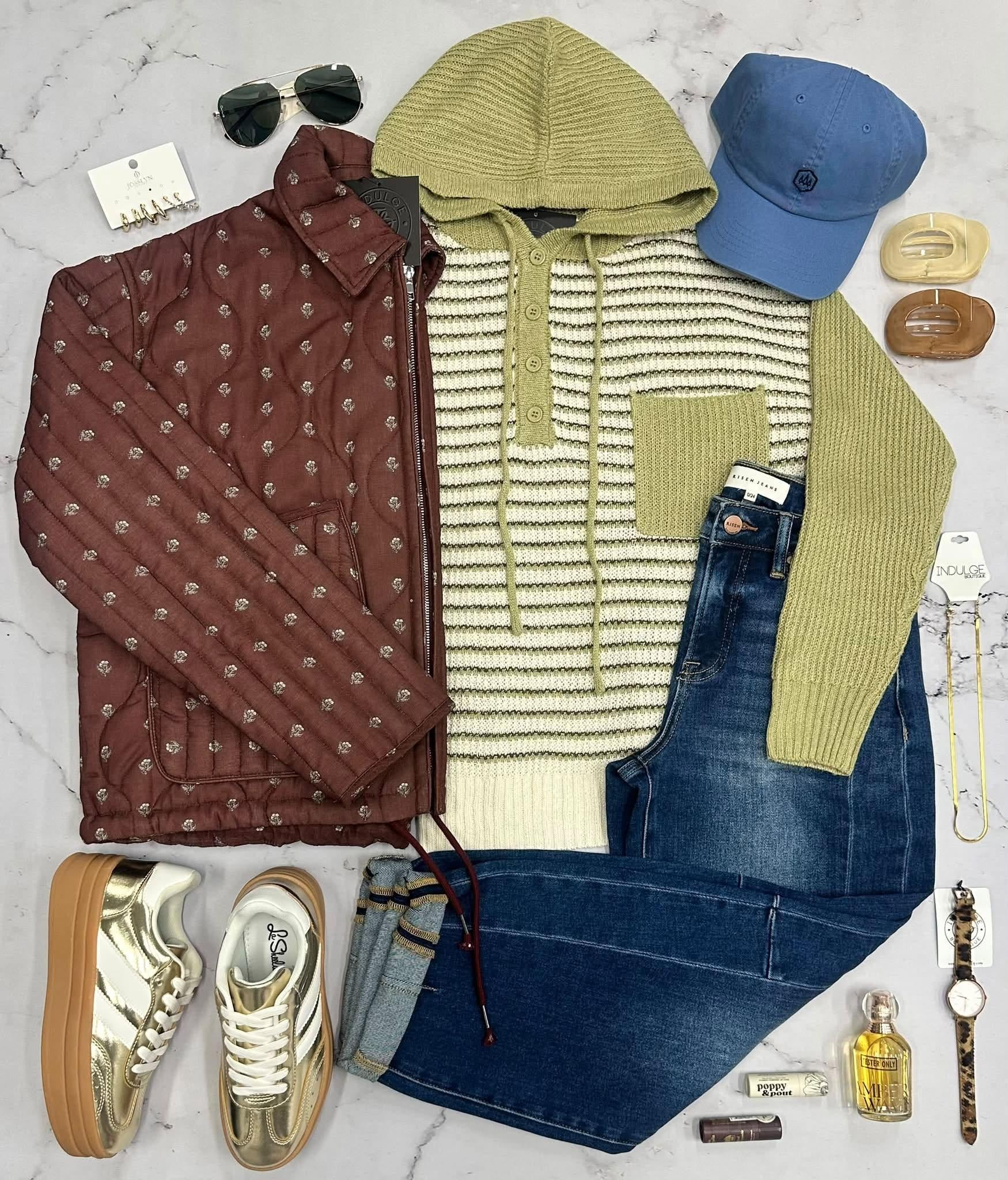 ELLIE GREEN STRIPE KNIT HOODED SWEATER TOP