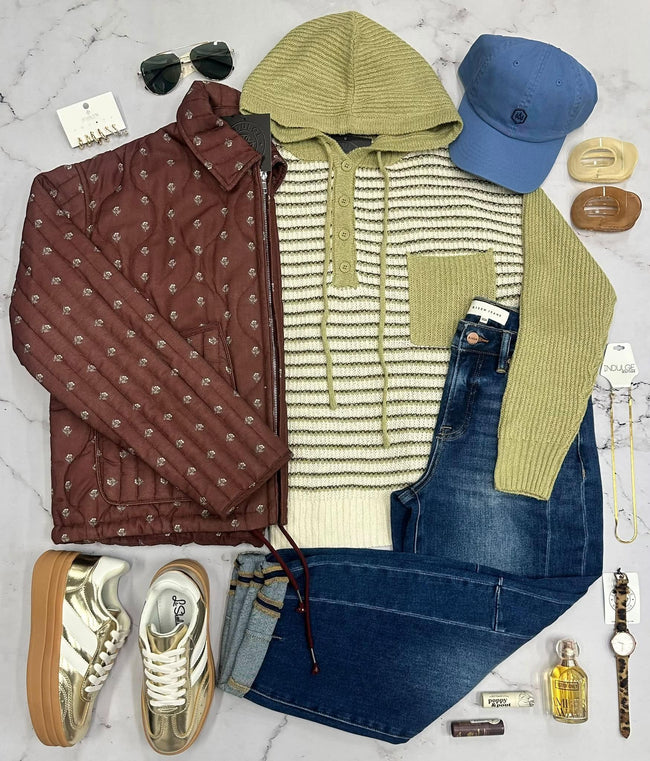 ELLIE GREEN STRIPE KNIT HOODED SWEATER TOP