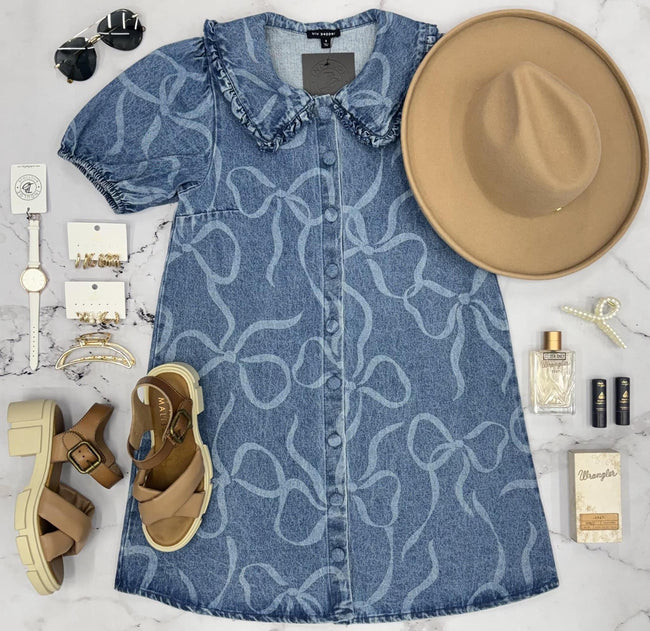 BRYNN BOW DENIM KNEE LENGTH DRESS