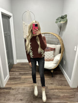 MINDI BURGUNDY MINT FLORAL CABLE KNIT SWEATER TOP