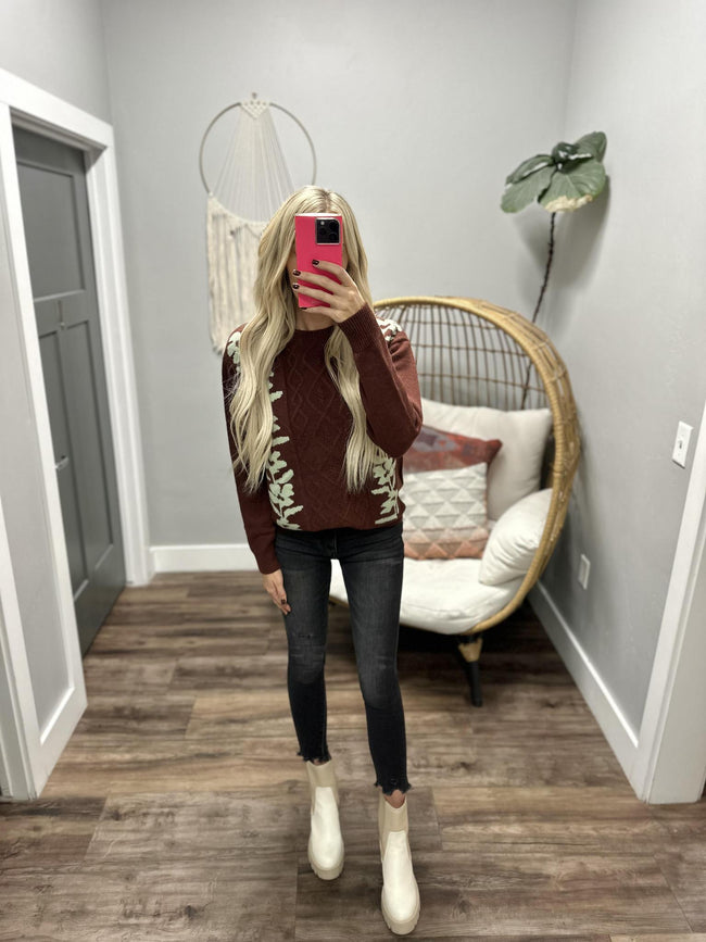 MINDI BURGUNDY MINT FLORAL CABLE KNIT SWEATER TOP
