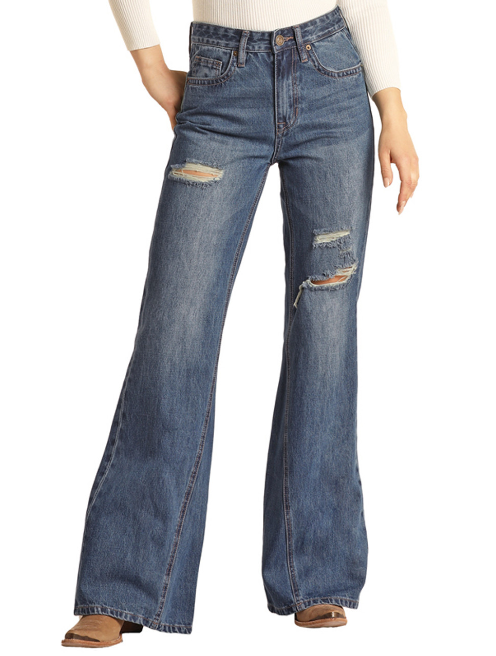 HIGH RISE MEDIUM WASH PALAZZO FLARE JEANS
