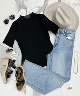 CHARLI BLACK RIBBED LETTUCE RUFFLE BASIC TEE