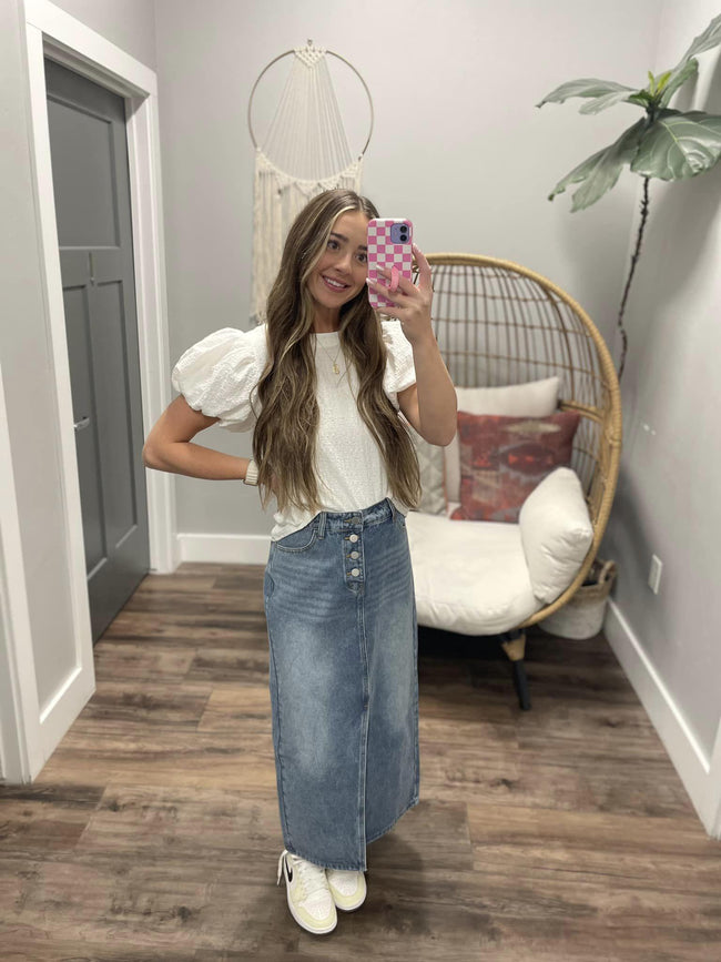 ELYSE WHITE PUFF SLEEVE TEXTURED BLOUSE