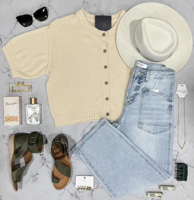 CHARLIE NEUTRAL SHORT SLEEVE BUTTON UP CARDIGAN TOP