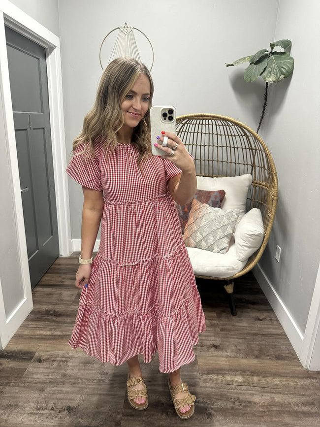 SERENA RED CHECKERED MIDI DRESS