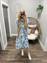 KARRIE BLUE FLORAL TIE FRONT MIDI DRESS