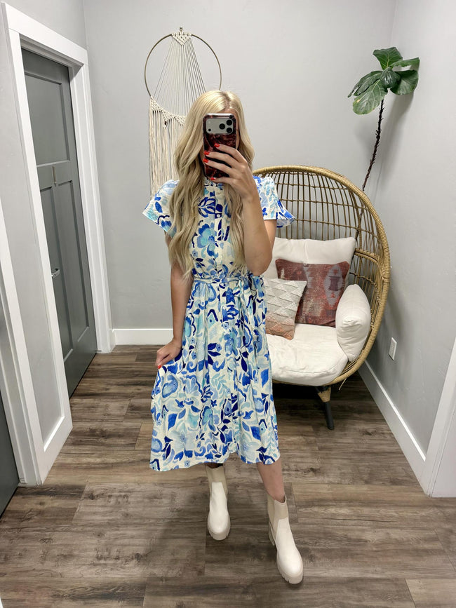 KARRIE BLUE FLORAL TIE FRONT MIDI DRESS