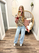 ALISHA BURGUNDY STRIPE LEOPARD CARDIGAN SWEATER TOP