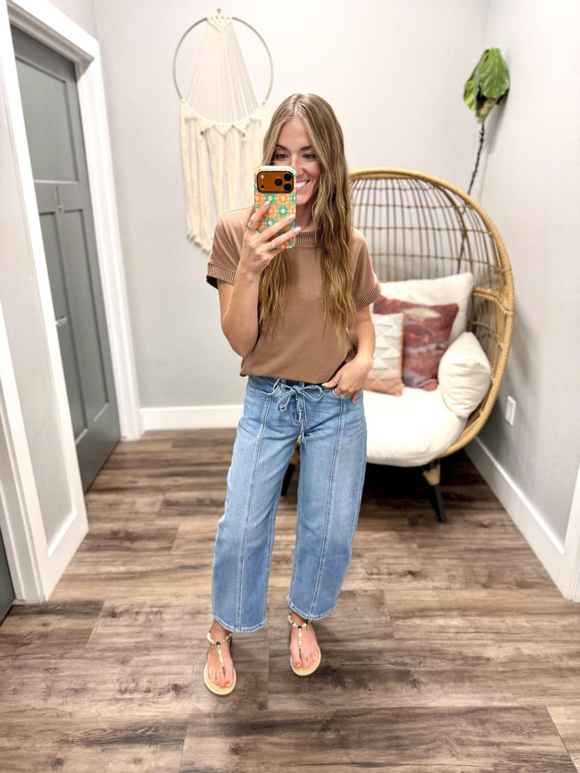 CARRIE MOCHA RIBBED RINGER DETAIL TOP