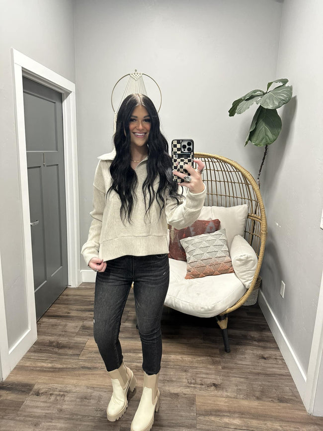 STELLA HEATHER OATMEAL RIBBED 1/4 ZIP SWEATER TOP