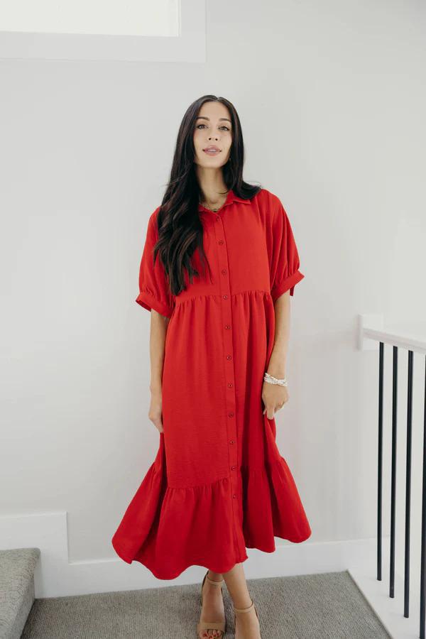 THE LEO BUTTON FRONT DRESS IN CHERRY TOMATO