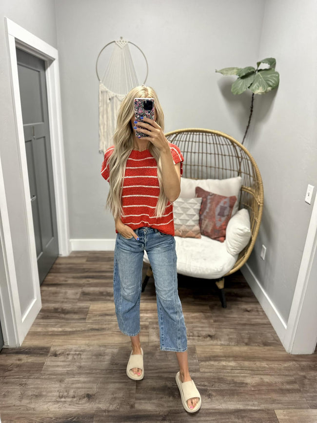 TONJA RED STRIPE SHORT SLEEVE SWEATER TOP