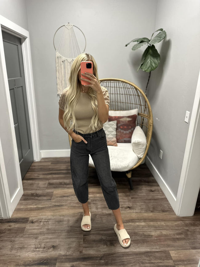 HEATHER TAUPE TEXTURE RIBBED PUFF SLEEVE BLOUSE