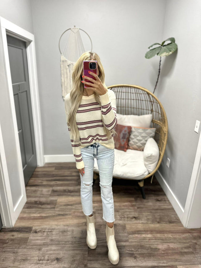 CHRISTINA CREAM AND PLUM STRIPE KNIT SWEATER TOP