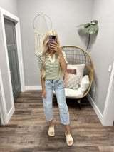 JACKIE OLIVE CREAM STRIPE KNIT SWEATER TOP