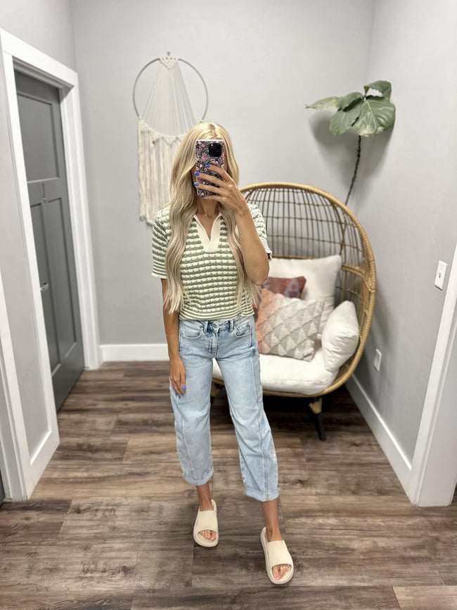 JACKIE OLIVE CREAM STRIPE KNIT SWEATER TOP