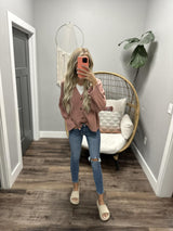 CAROLYN DUSTY ROSE RIBBED COZY BUTTON UP CARDIGAN
