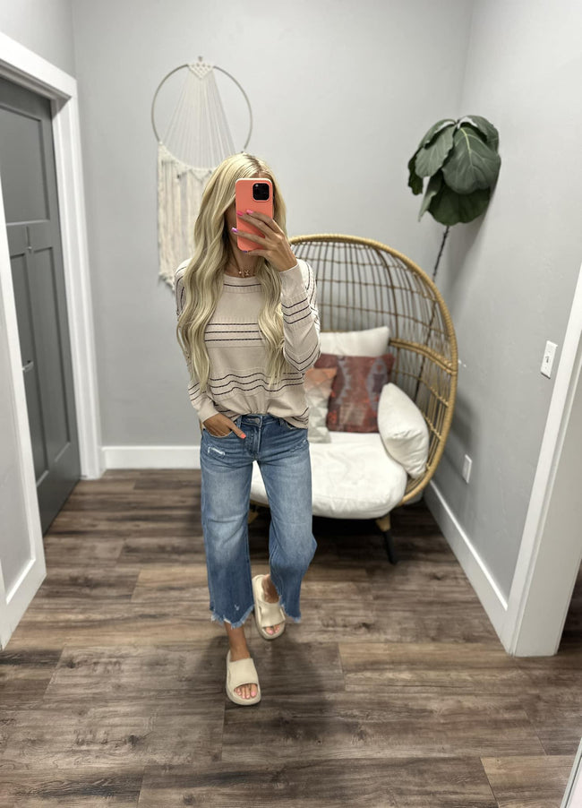 FALL FEVER CREAM STRIPE TEXURED LONG SLEEVE SWEATER TOP