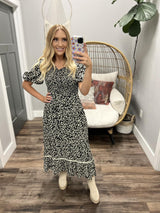 SPIN ME AROUND BLACK IVORY FLORAL SMOCKED DRESS
