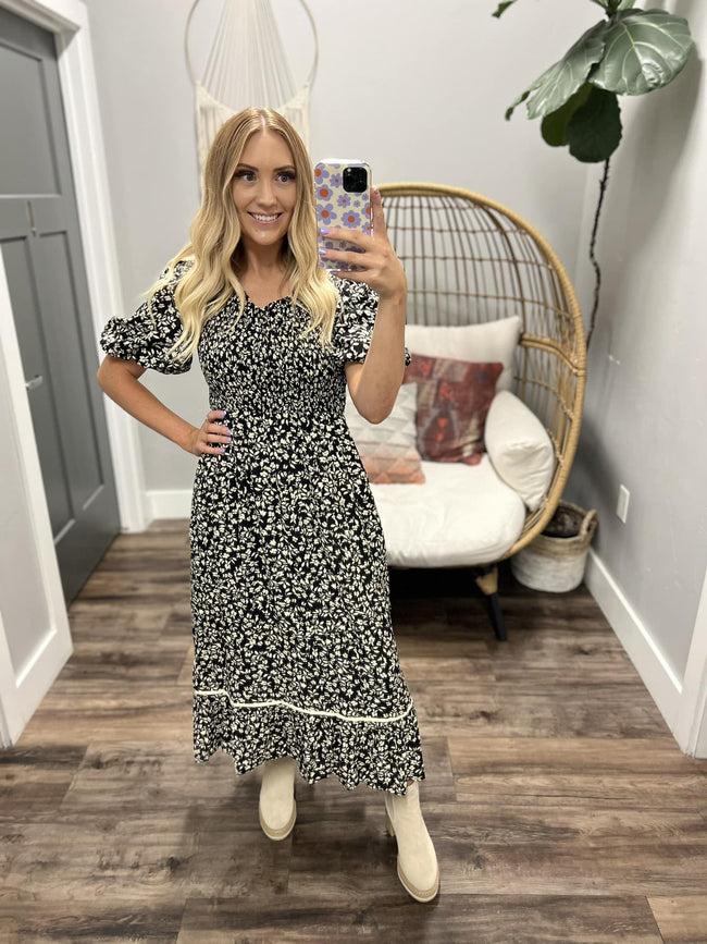 SPIN ME AROUND BLACK IVORY FLORAL SMOCKED DRESS