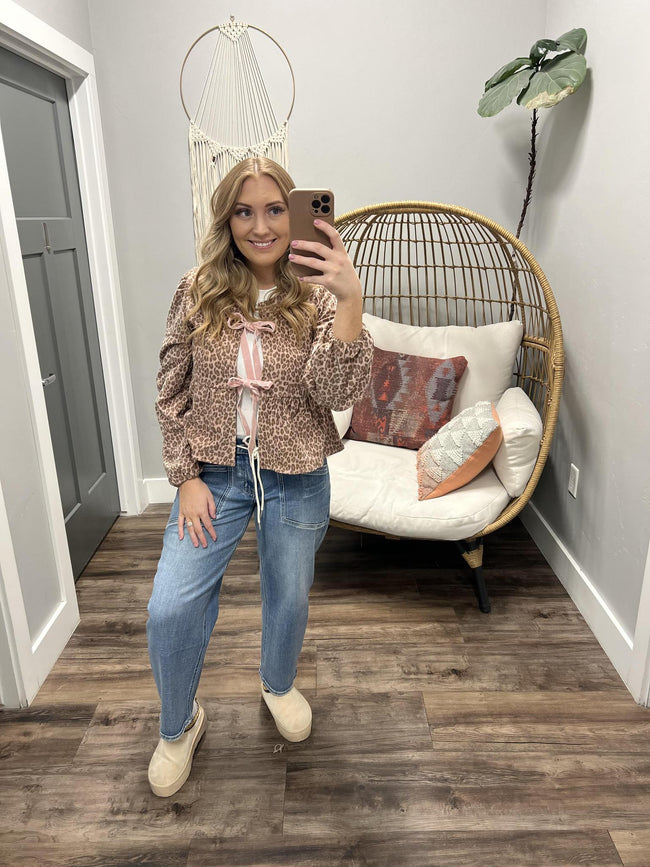 TAWNIE VELOUR BLUSH LEOPARD TIE FRONT CARDIGAN
