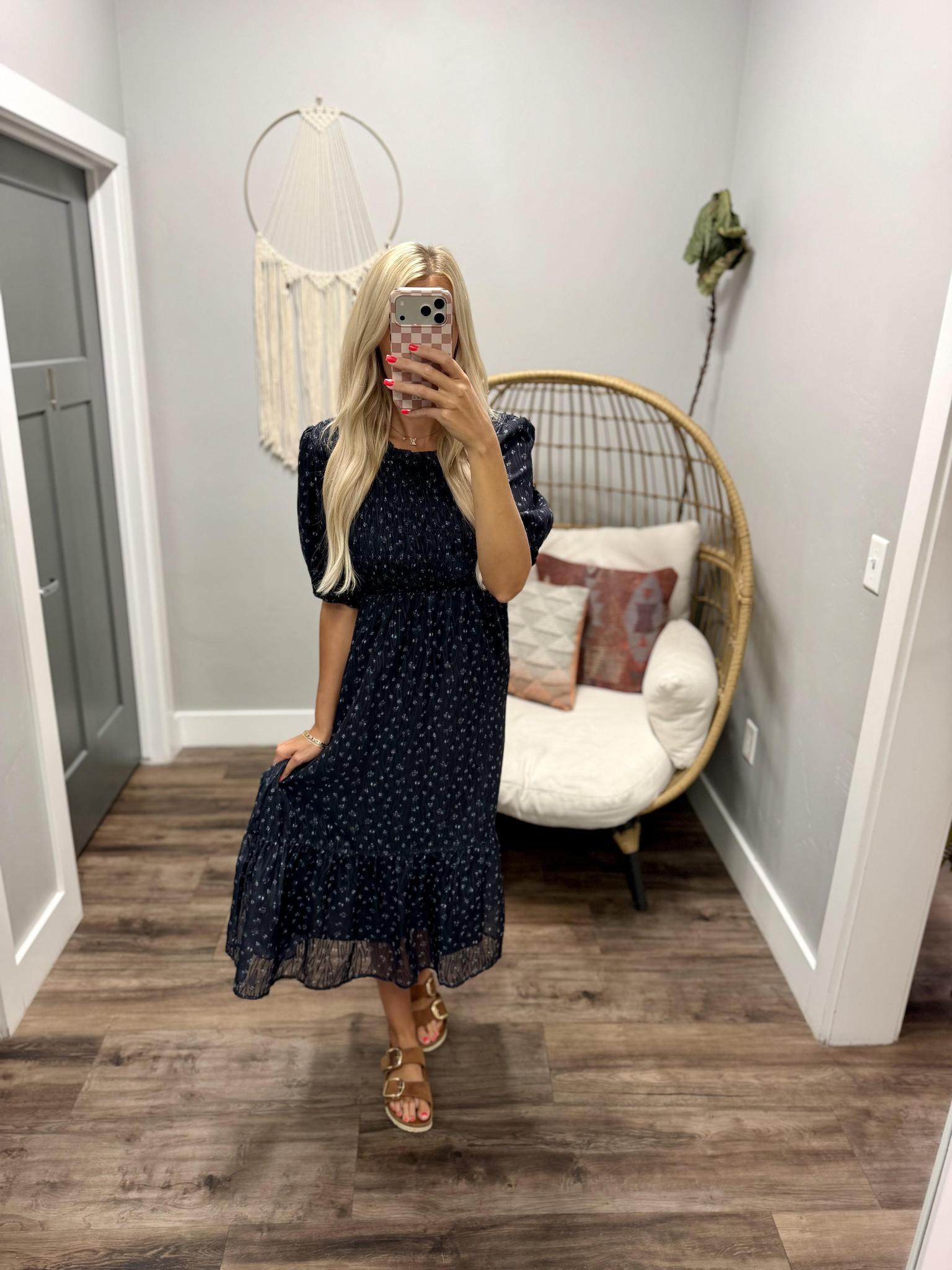 CHLOE NAVY FLORAL MIDI DRESS