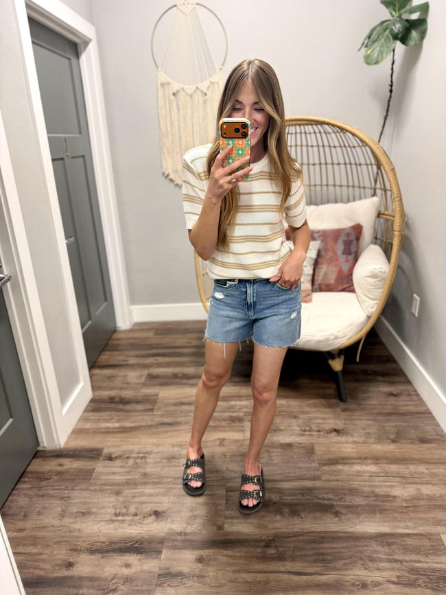 SYDNEE NEUTRAL STRIPE SHORT SLEEVE SWEATER TOP