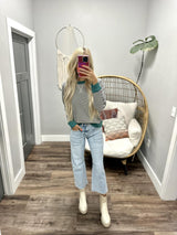 TISHA BLACK IVORY TEAL STRIPE SWEATSHIRT TOP