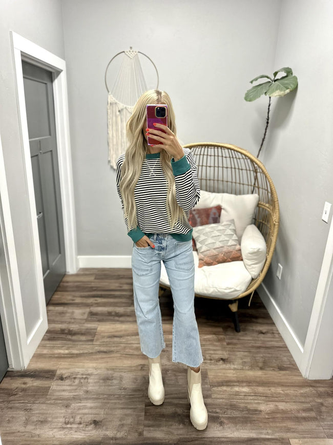 TISHA BLACK IVORY TEAL STRIPE SWEATSHIRT TOP